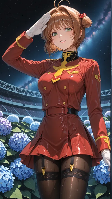 1girl , solo , Kinomoto Sakura(Cardcaptor Sakura)brown short hair braids , Brown Shorthair Twin Tails , wet hair、green eyes ,green eyes、 美しいgreen eyes 、 very very very very 大きい breasts(big breasts :9.9) ,wet red zeon military uniform、 wet red zeon milit...