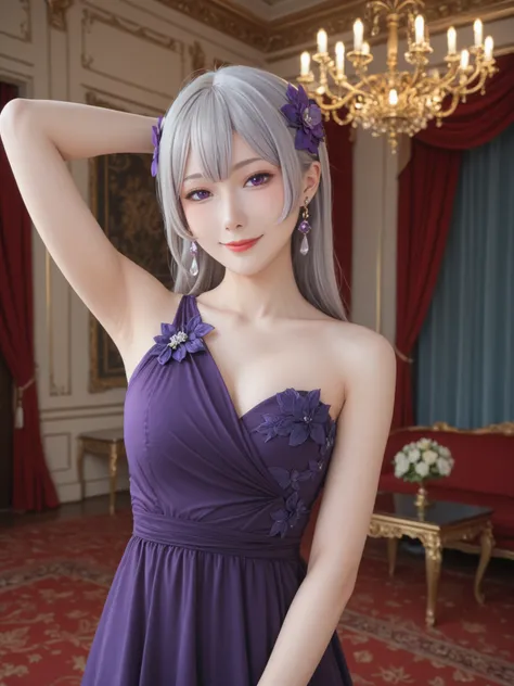 ((Show me your armpits)),anime screen capture, masterpiece, top quality,1girl, solo, closed mouth, faint smile,long hair, flowing bangs, gray hair, PURPLE EYES, purple hair ornament,FreyaPDress, Long Dress, Purple Dress, color bone, earrings,  single strap...