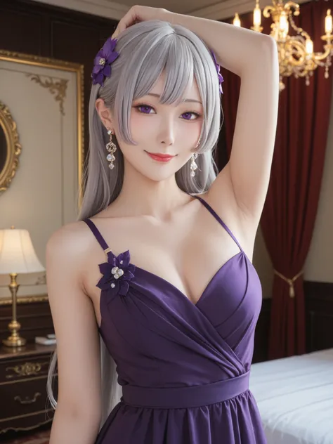 ((Show me your armpits)),anime screen capture, masterpiece, top quality,1girl, solo, closed mouth, faint smile,long hair, flowing bangs, gray hair, PURPLE EYES, purple hair ornament,FreyaPDress, Long Dress, Purple Dress, color bone, earrings,  single strap...