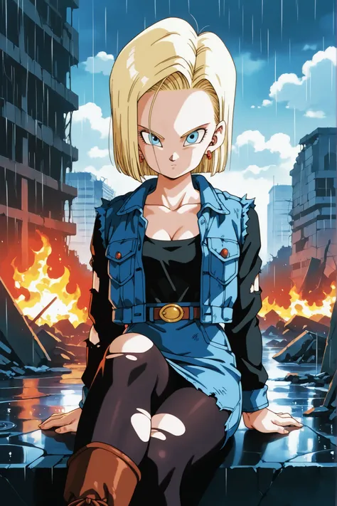 Akira Toriyama's style, blonde hair, blue eyes, and18, toned, cinematic lighting, 1girl, solo, breasts, looking_at_viewer, short_hair, blue_eyes, shirt, skirt, blonde_hair, long_sleeves, closed_mouth, cleavage, jewelry, sitting, medium_breasts, jacket, col...