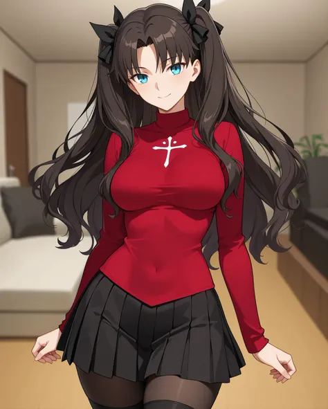 chilling, standing, standing straight, 
looking at viewer, happy, 
front view, from front, breasts, 

	Rin Tohsaka \Fate\, 
black hair, parted bangs, two side up, black ribbons, hair ribbon, 
blue eyes,

	Rin Tohsaka \Fate\ outfit,
Sweater, red sweater, lo...