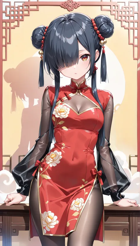 ( masterpiece , best quality , high quality ,8k,) personification of mooncake girl flat-chests (black-short-bob-bun-hair:1.4) mooncake-hair-accesory (red-china-dress:1.4) (long-sleeves:1.4) tights holding-magical-mooncake-rod magical-girl (hair over one ey...