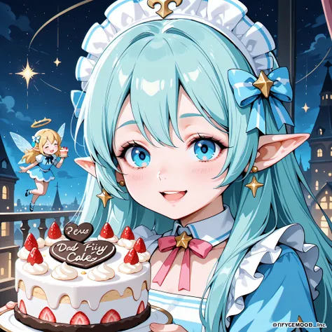 Three Fairies、Cute fairy、Night cake shop、Cake Shop 、Fly around near the finished cake、masterpiece、top quality、