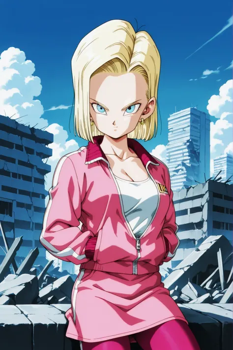 Toriyama Akira style, blonde hair, blue eyes, 18 years old, toned body, cinematic lighting, 1 woman, alone, breasts, looking at viewer, blue eyes, shirt, skirt, blonde hair, long sleeves, mouth closed, cleavage, jewelry, sitting, medium breasts, jacket, co...