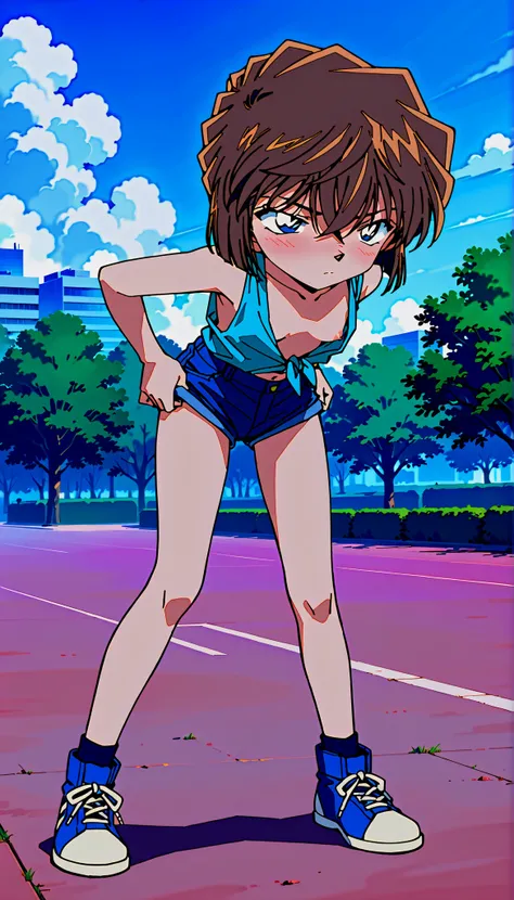 score_9,score_8_up,score_7_up,1990s \(style\),anime coloring,BREAK,nsfw,1girl,solo,Detective Conan style,haibara ai,short hair,brown hair,blue eyes,(sanpaku),hair between eyes,BREAK,(low-rise:1.5),very short pants,summer style clothes,BREAK,blush,disappoin...