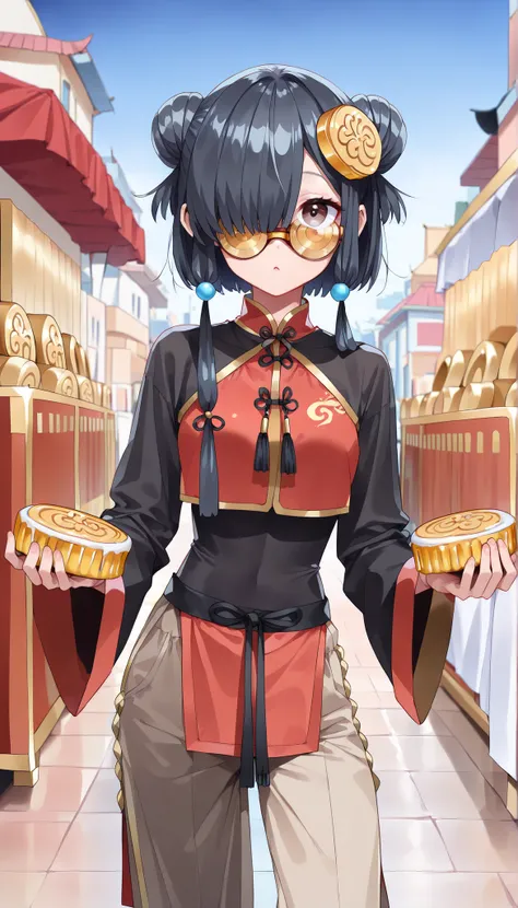 ( masterpiece , best quality , high quality ,8k,) personification of mooncake girl flat-chests (black-short-bob-bun-hair:1.4) (mooncake-hair-accesory:1.8) (red Kung fu clothing :1.4). (pants:1.4)   (long-sleeves:1.4) tights (holding-magical-mooncake-rod:1....