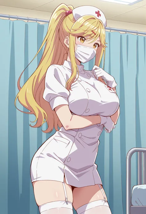 Score_9, score_8_up, score_7_up, source_anime, himari ishikura, solo, bangs, blonde hair, hair ornament, yellow eyes, ponytail, hairclip, high ponytail, large breasts, hair bobbles, (best quality), (high quality), {masterpiece}, extremely delicate and beau...