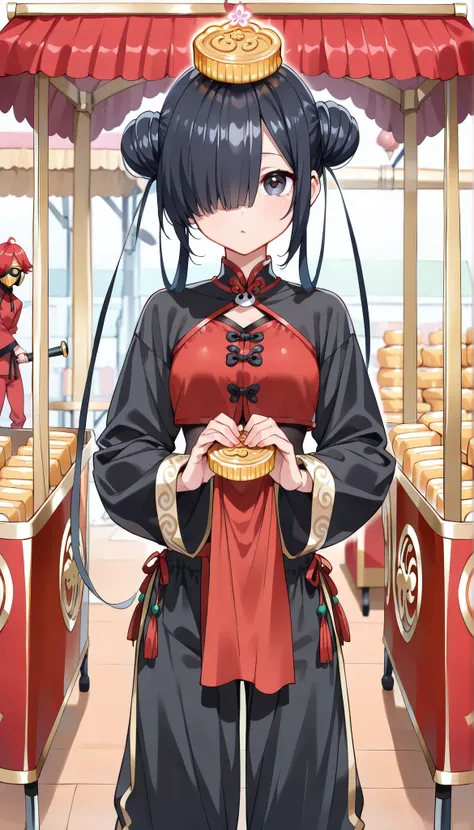( masterpiece , best quality , high quality ,8k,) personification of mooncake girl flat-chests (black-short-bob-bun-hair:1.4) (mooncake-hair-accesory:1.8) (red Kung fu clothing :1.4). (pants:1.4)   (long-sleeves:1.4) tights (holding-magical-rod:1.8) magica...