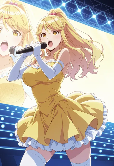 Score_9, score_8_up, score_7_up, source_anime, himari ishikura, solo, bangs, blonde hair, hair ornament, yellow eyes, ponytail, hairclip, high ponytail, large breasts, hair bobbles, (best quality), (high quality), {masterpiece}, extremely delicate and beau...