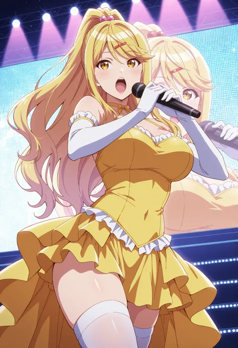 Score_9, score_8_up, score_7_up, source_anime, himari ishikura, solo, bangs, blonde hair, hair ornament, yellow eyes, ponytail, hairclip, high ponytail, large breasts, hair bobbles, (best quality), (high quality), {masterpiece}, extremely delicate and beau...