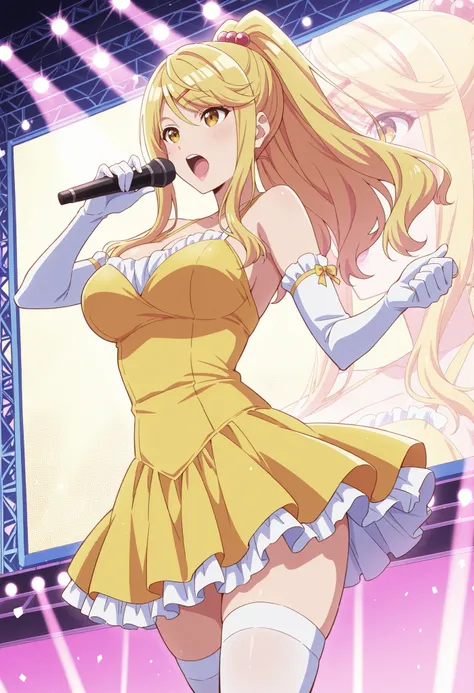 Score_9, score_8_up, score_7_up, source_anime, himari ishikura, solo, bangs, blonde hair, hair ornament, yellow eyes, ponytail, hairclip, high ponytail, large breasts, hair bobbles, (best quality), (high quality), {masterpiece}, extremely delicate and beau...