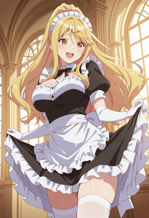 Score_9, score_8_up, score_7_up, source_anime, himari ishikura, solo, bangs, blonde hair, hair ornament, yellow eyes, ponytail, hairclip, high ponytail, large breasts, hair bobbles, (best quality), (high quality), {masterpiece}, extremely delicate and beau...