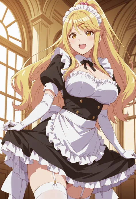 Score_9, score_8_up, score_7_up, source_anime, himari ishikura, solo, bangs, blonde hair, hair ornament, yellow eyes, ponytail, hairclip, high ponytail, large breasts, hair bobbles, (best quality), (high quality), {masterpiece}, extremely delicate and beau...