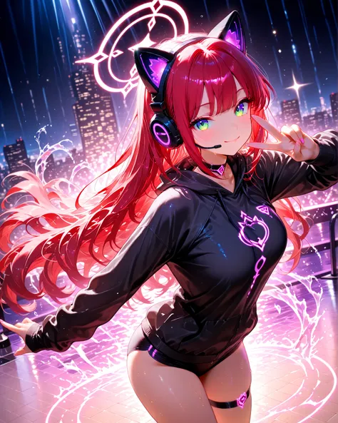 masterpiece, ultra detailed, 4k resolution, cinematic lighting, dynamic angle, perfect anatomy, An energetic girl with long red hair in an anime style, purple eyes, wearing a headset with cat ears and a long black sweatshirt that reaches the beginning of h...