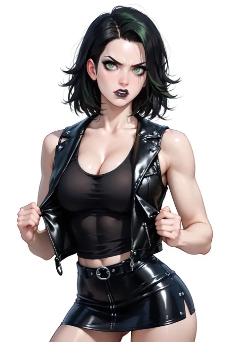 ((White background)) score_9,score_8_up  1girl, (goth girl) (1990s Dressing) ((1girl))  black makeup , black lip, thick lips  (solo girl) ,30 years old, rathing_questionable ,Fierce face , detailed eyes, (dark green eyes), sexy girl, (Leather vest:1.4) (Bl...