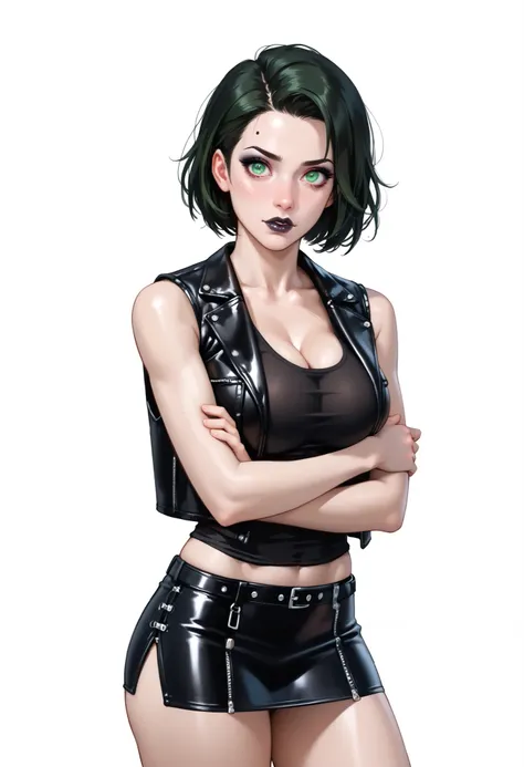 ((White background)) score_9,score_8_up  1girl, (goth girl) (1990s Dressing) ((1girl))  black makeup , black lip, thick lips  (solo girl) ,30 years old, rathing_questionable ,Fierce face , detailed eyes, (dark green Short hair) (dark green eyes), sexy girl...
