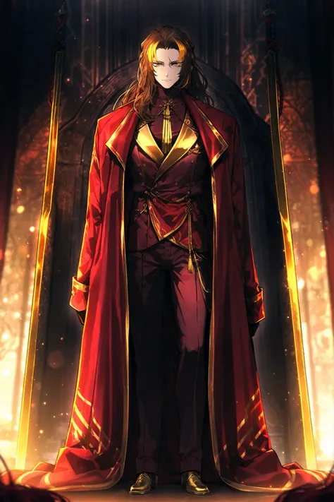 a man in a red coat and a red cape, crimson attire, full body black and red longcoat, crimson clothes, donning a sharp maroon suit that exudes a sense of sophistication and authority,paired with a matching overcoat draped stylishly over his shoulders, long...