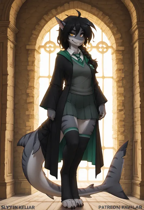 (K4 detail), (Solo), female shark, grey skin with dark stripes, white belly, long black hair with a single braid, white soles of the feet, gold eyes, full body portrait, digitigrade legs, fluff-kevlar, zaush, Enchanting Eyes, Slytherin, hogwarts uniform, l...