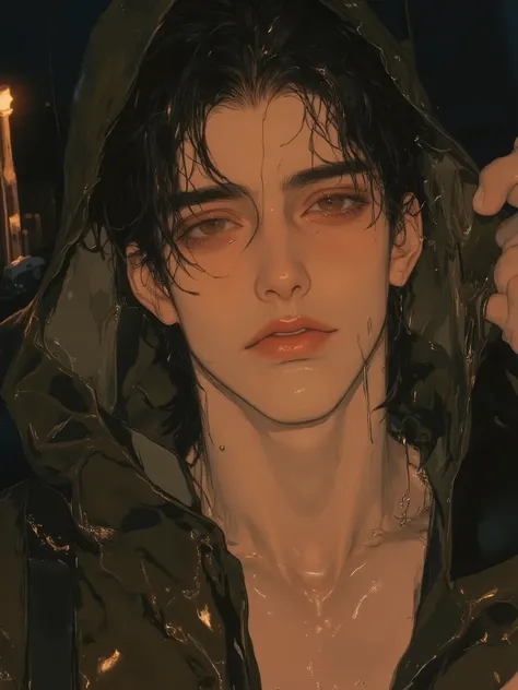 (masterpiece, best quality, ultra detailed, 8k), anime style, cinematic lighting, face close-up, dripping rain, melancholy atmosphere, emotional intensity

A handsome young man with wet black hair clinging to his face, slightly parted lips, and golden-brow...