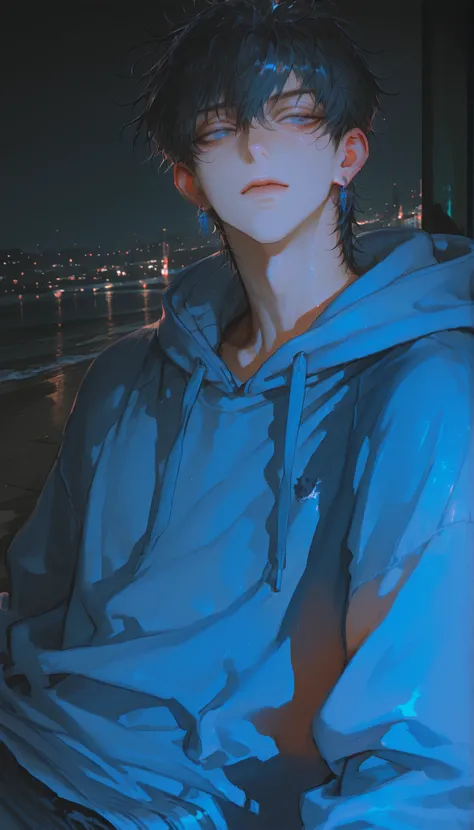 short hair, shirt, black hair, 1man, solo, alone, navy hoodie, earrings, blue eyes, muscled, sitting on ground, night, dynamic angle