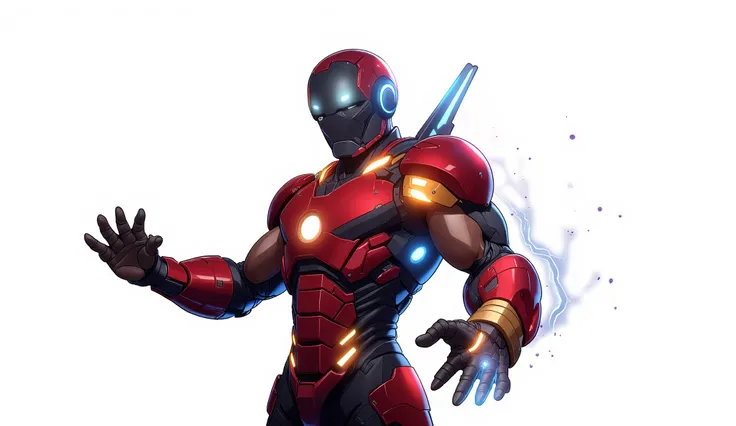 1 male, futuristic, 2D cartoon style, comic panel, white background, red and gold high-tech honeycomb structure nanotech armor assembling over his arm in segments, glowing blue energy lines, dramatic lighting, white background, cinematic shadows, The char...