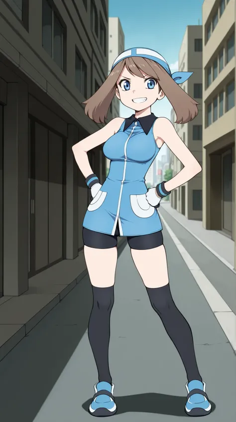 adult older sister, Tall, left hands on hips, black knee-high stockings, Absolute region, thighs, Blue shoes, ((anime screenshot, anime cong, )) SapphireBirchILXL, ((top quality)), ((masterpiece)), ((details)), solo, 1girl, two legs, two arms, anime colori...