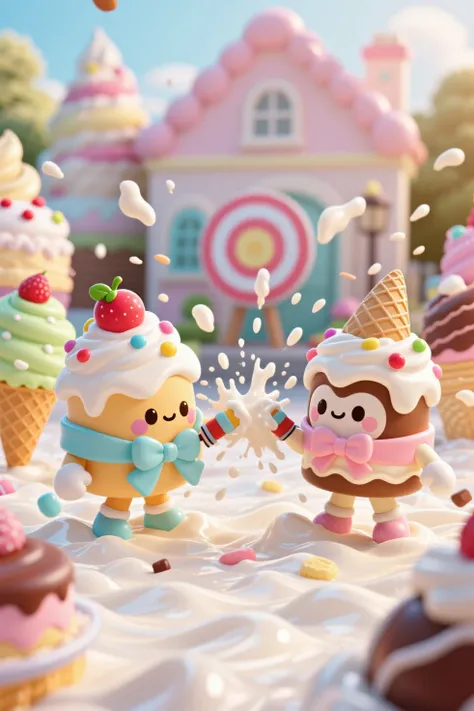 Sweet Dessert Country, dessert objects and buildings, The bottom is fresh cream, 
personification of sweet things、
Sweet things that have transformed into cute sd characters 、
Cute sd characters wearing dessert fruits on their heads . is a scene from the dessert war in Nara, The calm expressions of the fighting dessert sd characters .
The feet of the sd characters sink into the whipped cream floor , A battle scene where they hit each other with dessert weapons, Sweet fresh cream is scattered through the air when it hits the body.
An intense battle scene where fresh cream is splashed and scattered in a colorful way, 
rich expressions and gestures、cake and ice cream decorations、Very small and cute dessert sd characters .
 pastel background 、따뜻하고 Soft 분위기、 accurate texture 、
4K 울트라 디테일 사진 realistic 질감、professional 예술적 스타일、
elegant 자세、elegant 외모、fine details、big ribbon、Soft, Round shape 、Soft, Round silhouette、pictorial texture
Cute, Brilliant Color, 3D rendering, 사진처럼 realistic, High definition, Ultra Fine, professional, HDR, 초High definition, studio lighting, realistic, Bokeh, elegant, elegant, dreamy, fantasy, beautiful in the car, attractive in front of the target, A fierce battle scene of cute and sweet dessert sd characters , cinematic production, 
The battle of these dessert sd characters , 4K ultra detailed photo realistic texture, Exaggerated expressions like a cartoon . Countless battles of dessert fruit sd characters .  seen from above, A splendid battle scene of the dessert fruit sd characters with whipped cream bursting and exploding against the sweet dessert background.
Dynamic composition. cinematic production, Dutch Angle. The atmosphere of the Waterbomb festival in the dessert country , A grand festival with whipped cream being sprinkled ~!!
A huge dessert cake palace and buildings are visible in the background .