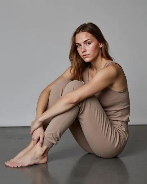 Clean studio photo of Kaelyn Rowe, a female professional basketball player with fair skin, hazel eyes, and long light brown hair. She has a strong, athletic build — wide shoulders, curved waist, toned arms and thighs. Compact and athletic seated athlete we...