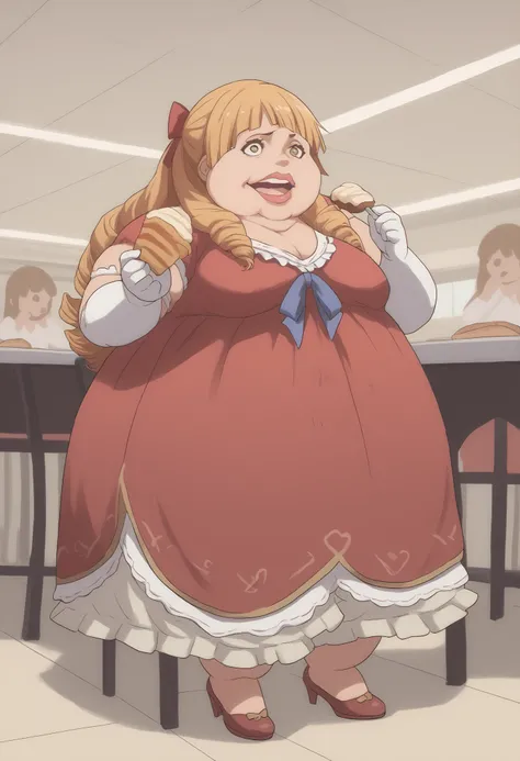 Phyrne Jameel, score_9, score_8_up, score_7_up, score_6_up, score_5_up, score_4_up, BREAK source_anime,
1girl, solo,  full body shot,  looking at viewer, smile, cafeteria,
  , 
  Margarita Dresden, long hair, drill hair, hair ribbon, medium breasts, fat, c...