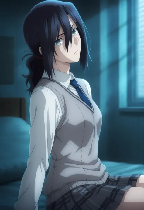 masterpiece, best quality, amazing quality, highres, absurdres, very aesthetic, high resolution, ultra detailed, perfect details, midnight,  solo, 8k, indoors, ufotable style, dark bed room,(dark concrete, backlight,),large blinds, from side,
 
1girl, ufot...