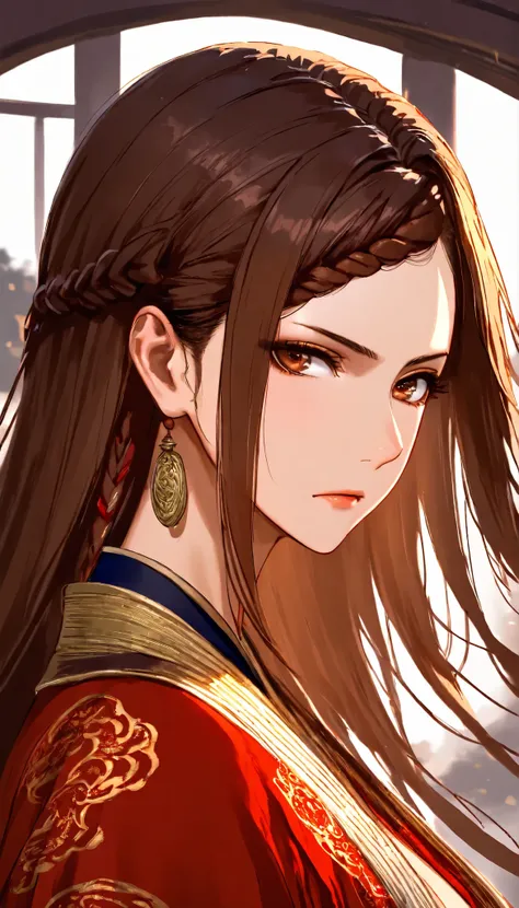 SOLO, A Female,Mature flavor,Brown eyes,Serious,expressionless,Perfect body,big oppai,(Brown hair,Chinese long hair, braided bangs), Wearing A Red Chinese Robe with Golden lotus pattern(Hanfu type), In the Chinese classical Garden,Open Pose,expressionless,...