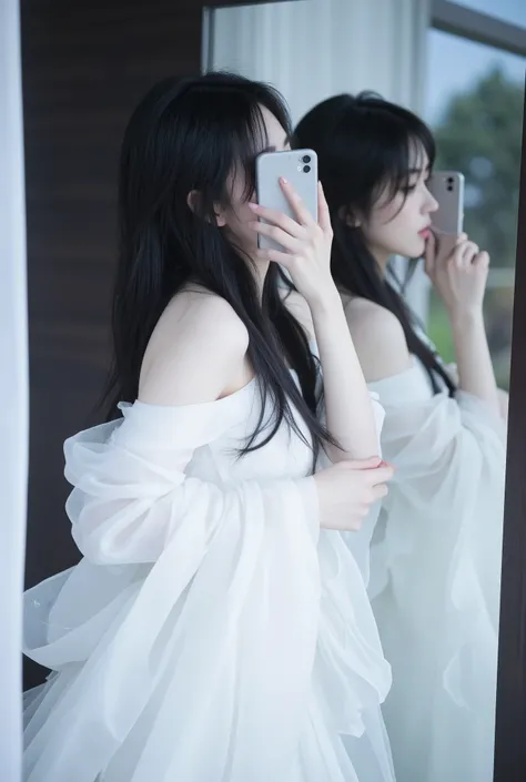 Outstanding，best quality，long black hair，white dress，fair skin，Hold your phone in front of your face，Facing the mirror ，Cover your face 
