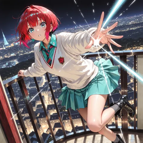1girl, amate yuzuriha,short hair,red hair,multicolored hair,aqua eyes,multicolored eyes,aqua shirt,striped necktie,white sweater,aqua skirt,grey socks,black boots, depth of field, fake traditional media, Picturesque, Impressionism, masterpiece, high score,...