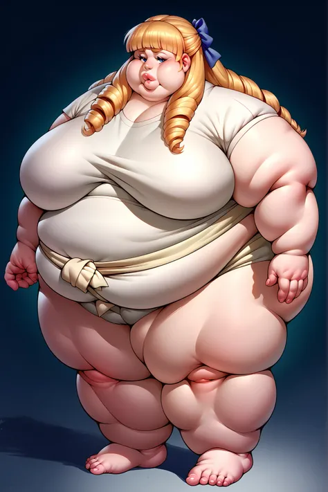 Margarita Dresden, long hair, drill hair, hair ribbon, medium breasts, fat, chubby, obese, thick lips, in sumo keikoba, in sumo training ground, 
mawashi, sumo mawashi, detail mawashi, white mawashi, bent knees, a compact upper body, and a wide base of sup...
