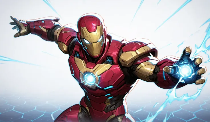 1 male, futuristic, 2D cartoon style, white background, right side, red and gold high-tech honeycomb design nanotech armor assembling over his arm in segments, glowing blue energy lines, dramatic lighting, white background, cinematic shadows, The characte...