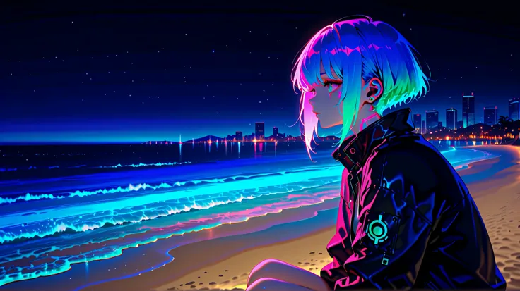 A girl with short hair in a jacket listening to music, on the beach at night, vibrant colors, cyberpunk style and retro anime style.