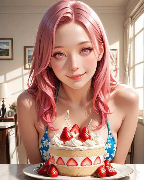 whole strawberry shortcake, lie on your back on a whole cake, beautiful woman wearing a bikini with cream and strawberries, the body is decorated with fresh cream and strawberries, kind smile, highly detailed beautiful face, detailed beautiful pink eyes, (shiny eyes, kind eyes), pink hair, incredibly absurd, 8k, realistic, photorealistic, HDR, physically-based rendering, masterpiece, ultra detailed, high resolution, amazing quality , very aesthetic , newest, exquisite composition, ultra-fine painting, extreme detail description, exquisite female figure, illustrations by professional illustrators, professional lighting, front lighting, rim lighting, studio lighting, sharp focus, vibrant colors, vivid color, absurdres,