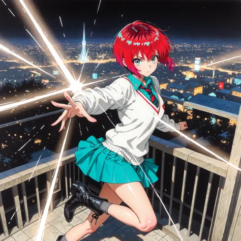 1girl, amate yuzuriha,short hair,red hair,multicolored hair,aqua eyes,multicolored eyes,aqua shirt,striped necktie,white sweater,aqua skirt,grey socks,black boots, depth of field, fake traditional media, Picturesque, Impressionism, masterpiece, high score,...
