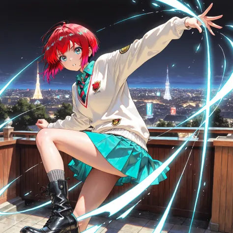 1girl, amate yuzuriha,short hair,red hair,multicolored hair,aqua eyes,multicolored eyes,aqua shirt,striped necktie,white sweater,aqua skirt,grey socks,black boots, depth of field, fake traditional media, Picturesque, Impressionism, masterpiece, high score,...