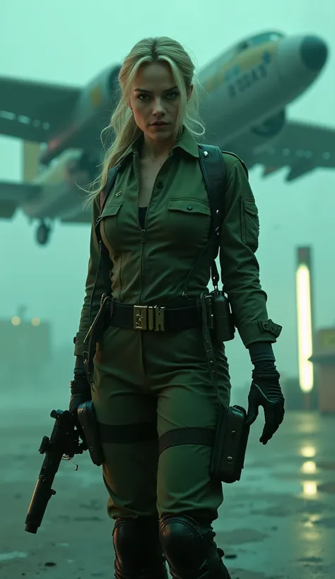 Hyper-realistic cinematic portrait of Margot Robbie, totally like Sonya Blade, in a tactical combat setting from the 1960s. She wears a tactical green jumpsuit with her military-inspired pistol with shoulder straps Armored, utility belt and combat boots po...