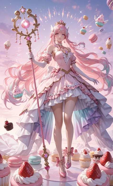 (masterpiece, detailed:1.2), semi-realistic, hyper-detailed, cute magical girl born from dessert, pastel colors, shimmering -like hair with strawberry pink and cream streaks, eyes sparkling like sugar crystals, soft glowing skin like fondant, wearing a fri...