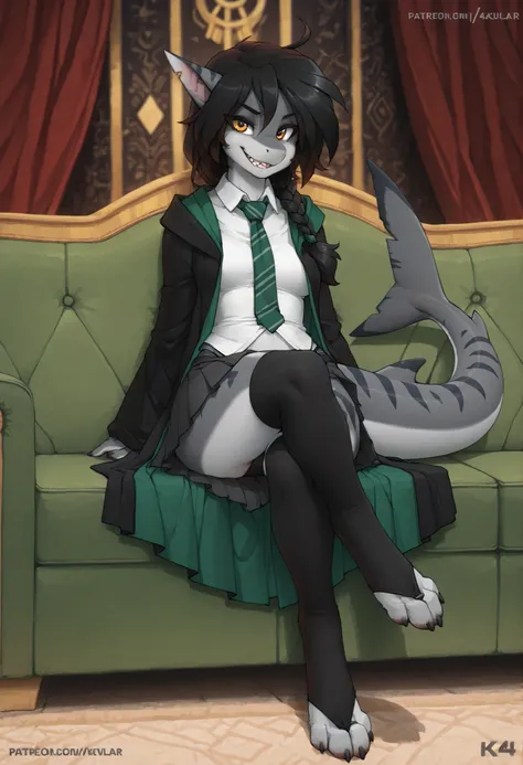 (K4 detail), (Solo), female shark, grey skin with dark stripes, white belly, long black hair with a single braid, white soles of the feet, gold eyes, full body portrait, digitigrade legs, fluff-kevlar, zaush, Enchanting Eyes, Slytherin, hogwarts uniform, l...