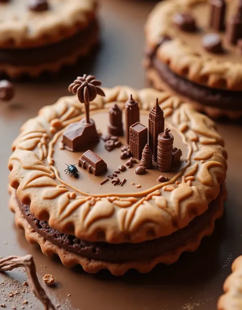 Picture of a cookie。

Super detailed resolution。

Product image of the cookie placed on the table。

Cocoa chocolate sandwich The surface of the cookie has a stylish leaf pattern engraved on the surface。
The texture of the cookie is delicate。

On the surfac...