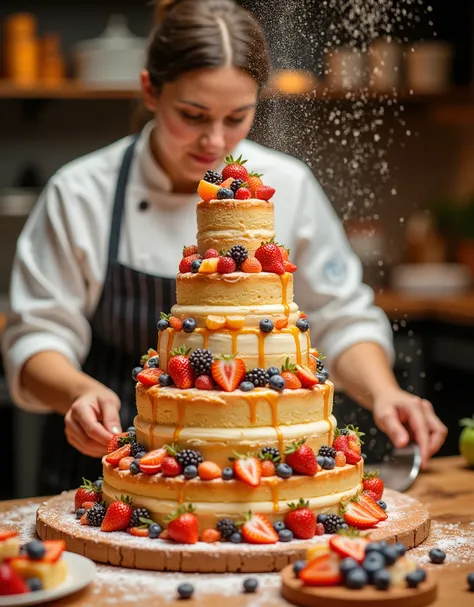 Female chef making a huge 5-tier cake, colorful fruit decoration, Overflowing fruit syrup, Female chef making a huge 5-tier cake while sprinkling sugar powder, realistic depiction, Fine Textures, high resolution, Masterpiece, extreme detail,  professional,...