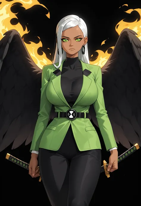 long hair, white hair, dark skin, green eyes, black wings,big wings, Big wings, huge breasts. sundress, suit, green suit, pants, black pants, upper body, fire, fire in back, flame back, black background, fullbody, ben10, black shirt, insignia, 1katana, kat...