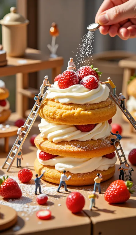 A delightful miniature world where tiny figurines are hard at work constructing a giant strawberry shortcake. The oversized cake is layered with fluffy golden sponge, rich whipped cream, and glistening, fresh strawberries. A team of tiny bakers in white ch...