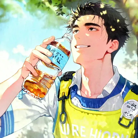 1man, japanese male traffic control worker, 30 years old, messy medium-length black hair with spiky ends, refreshing face, relaxing and resting, handsome man with delicate, beautiful white teeth, understated features, thick eyebrows, black eyes, relieved e...