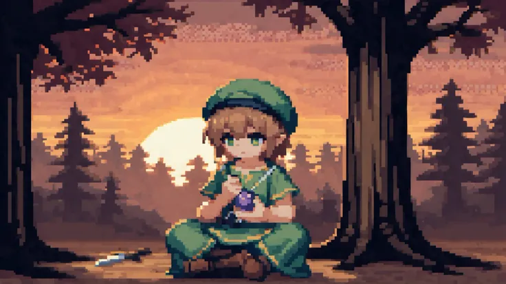 A pixel art scene of a young fantasy warrior sitting peacefully under a large tree at sunset, wearing a green tunic and pointed hat, a small sword beside him, with an ocarina on the ground nearby, soft lighting, nostalgic game-style, 16-bit pixel detail, c...