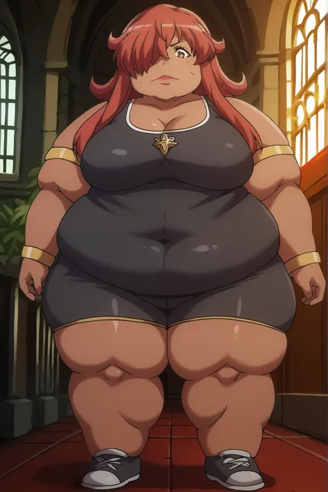 Phyrne Jameel, score_9, score_8_up, score_7_up, source_anime,
Church Augusta Frederica of Anhalt-Zerbst, Kirche Augusta Frederica von Anhalt Zerbst, long hair, brown eyes, red hair, dark skin, hair over one eye, dark-skinned female, indoors, tank top, bike...
