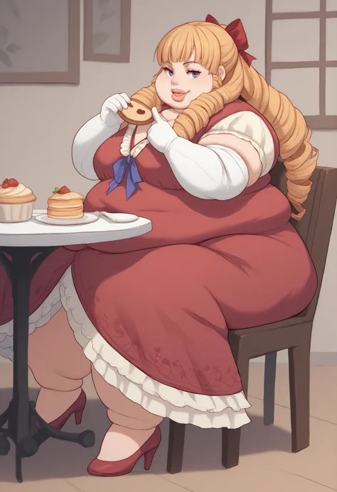 score_9, score_8_up, score_7_up, score_6_up, score_5_up, score_4_up, BREAK source_anime,
1girl, solo,  full body shot,  looking at viewer, smile, cafeteria, Margarita Dresden, long hair, drill hair, hair ribbon, medium breasts, fat, chubby, obese, thick li...